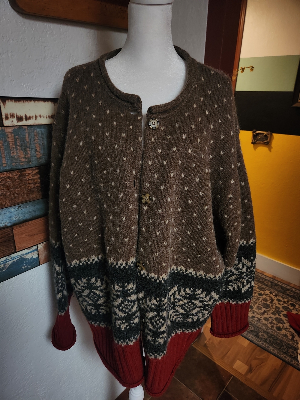 VTG Eddie Bauer Heavy Fair Isle Knit Cardigan Sweater Red Brown